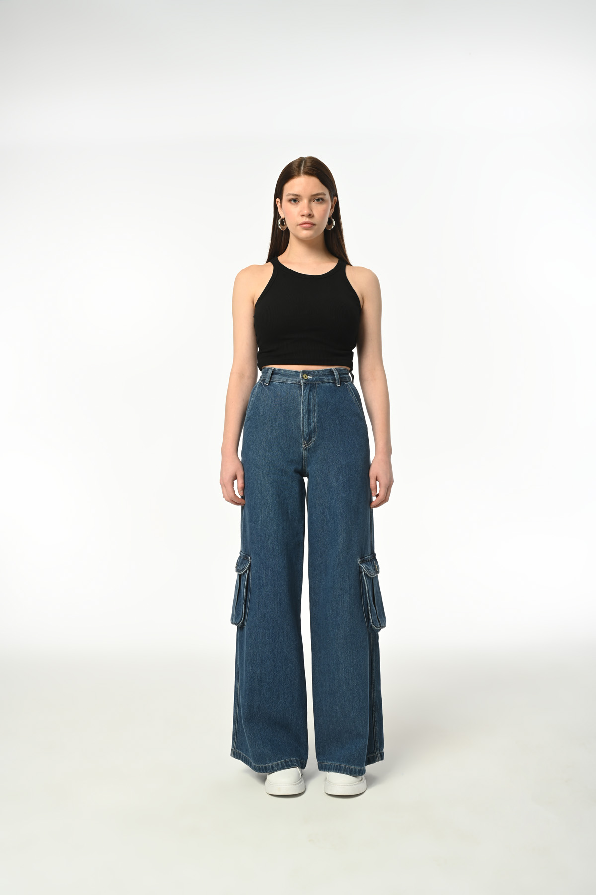 Wide Leg CARGO POCKET Günlük Kadın Jean Rigit Yüksek Bel Young Cargo Cep Denim Pantolon