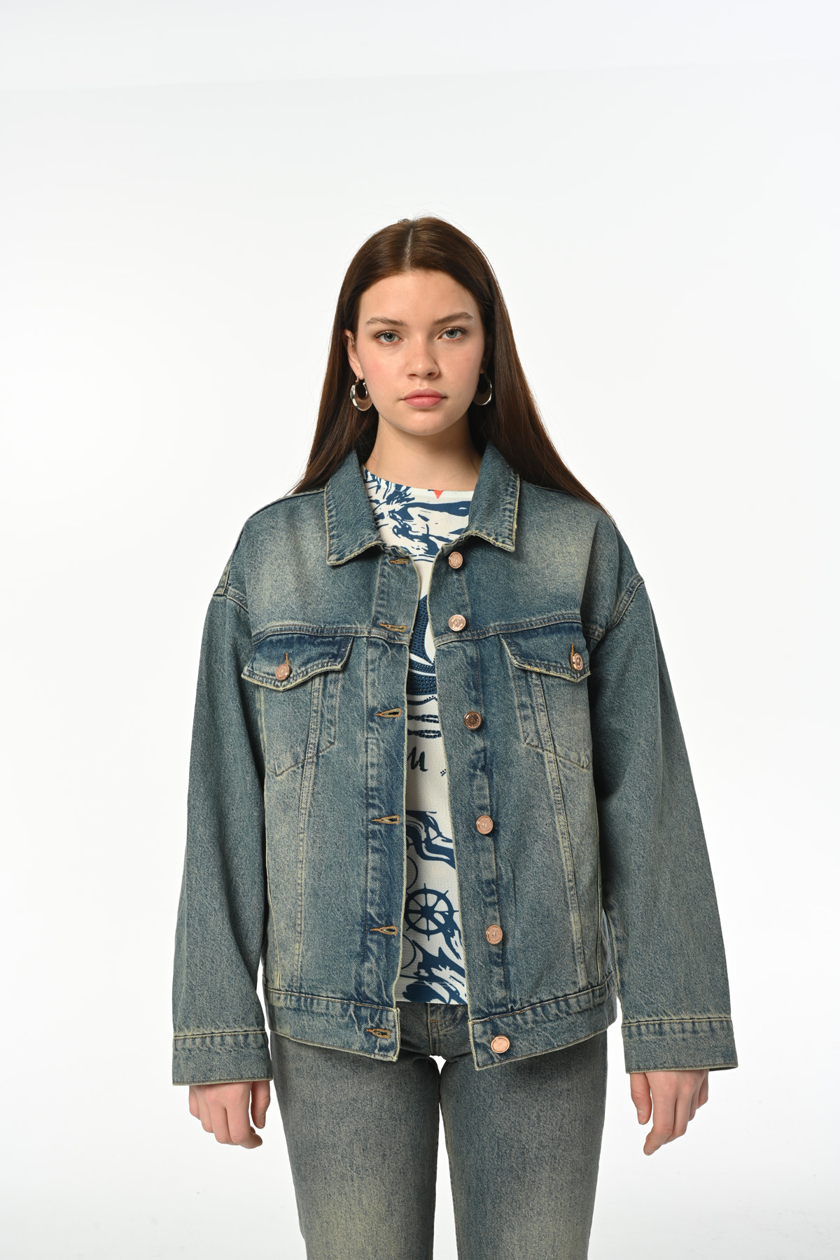 Klasik D266 Günlük Kadın Jean Rigit Young Önden Cep Denim Ceket